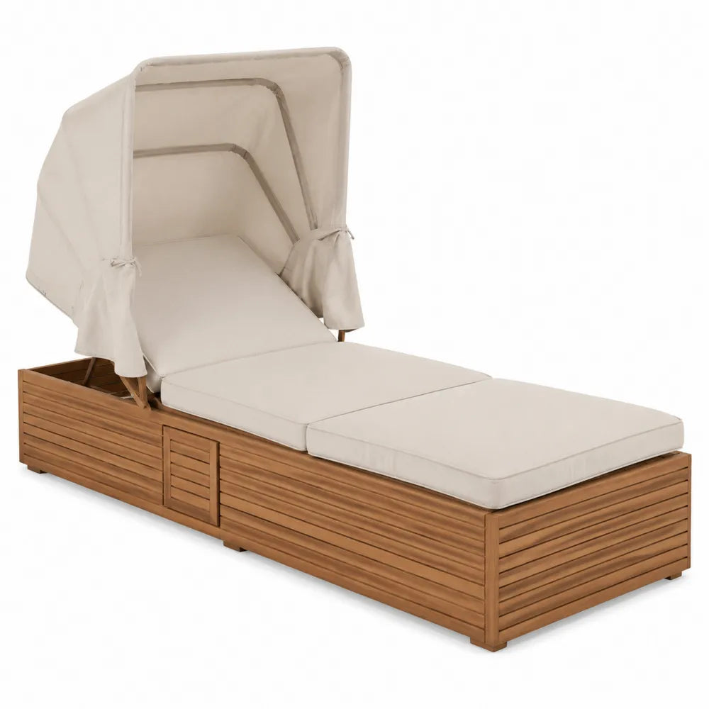 Gartenliege aus Akazienholz mit verstellbarem Dach, Polyesterbezug, 200x65x34 cm