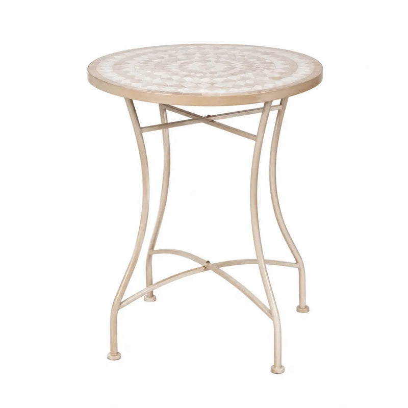 Runder Metall-Gartentisch mit Mosaik-Keramikfliesen Beige