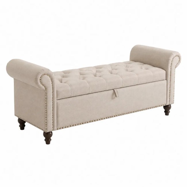 Beige Polsterbank mit Stauraum aus Leinen und massivem Holz